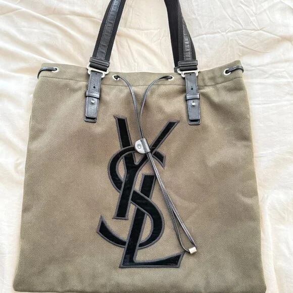 $1295 Authentic YSL Yves Saint Laurent Kahala Made in ITALY Green Canvas Totes - Picture 12 of 13